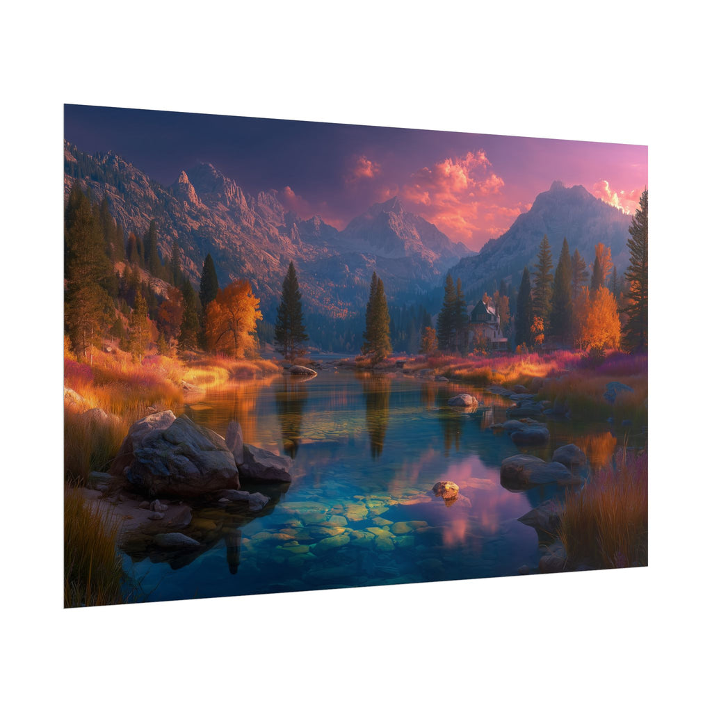 Mountain Lake Sunset  Serene Autumn Landscape Rolled Print
