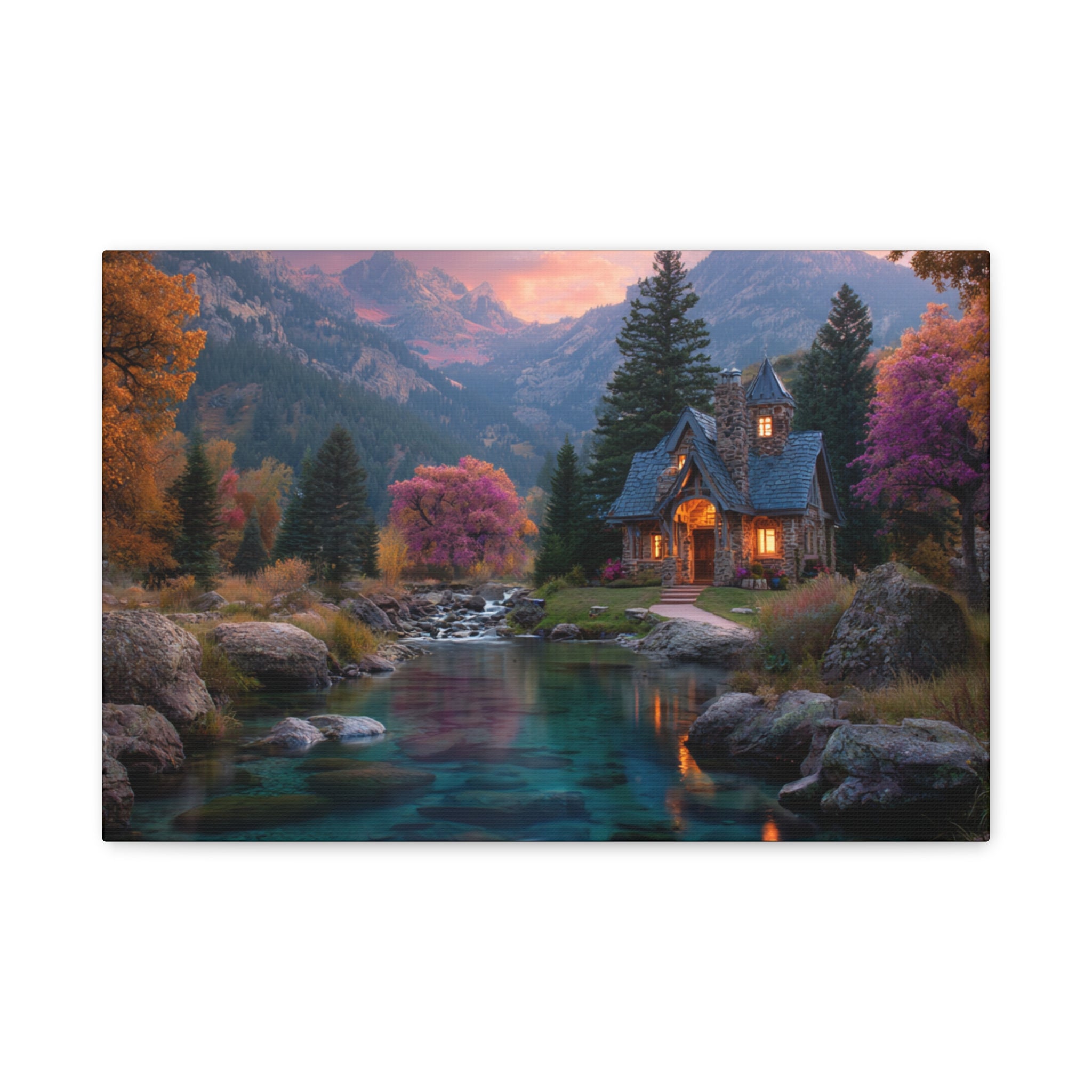 Cozy Mountain Cottage Matte Canvas Print Stretched Wall Art
