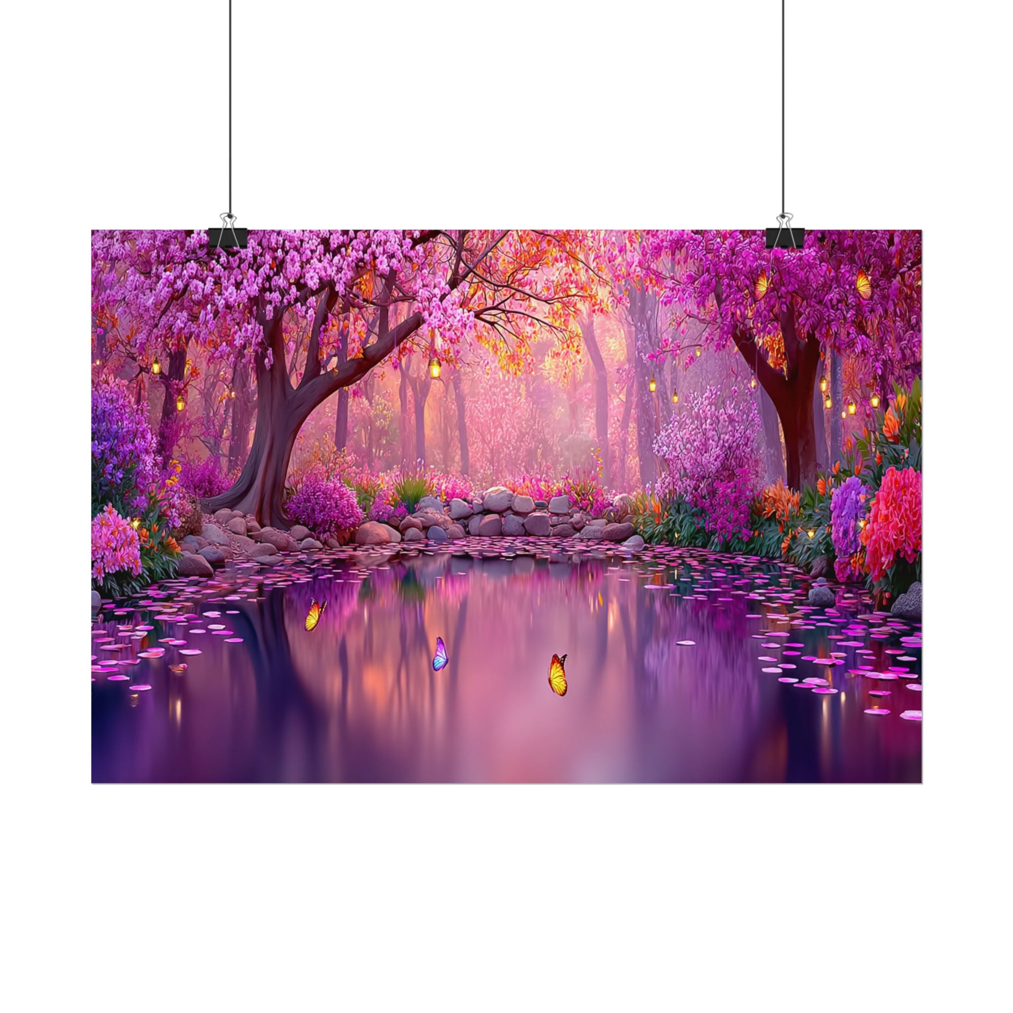 Fantasy Pink Forest Poster  Serene Lake with Cherry Blossoms Art Print
