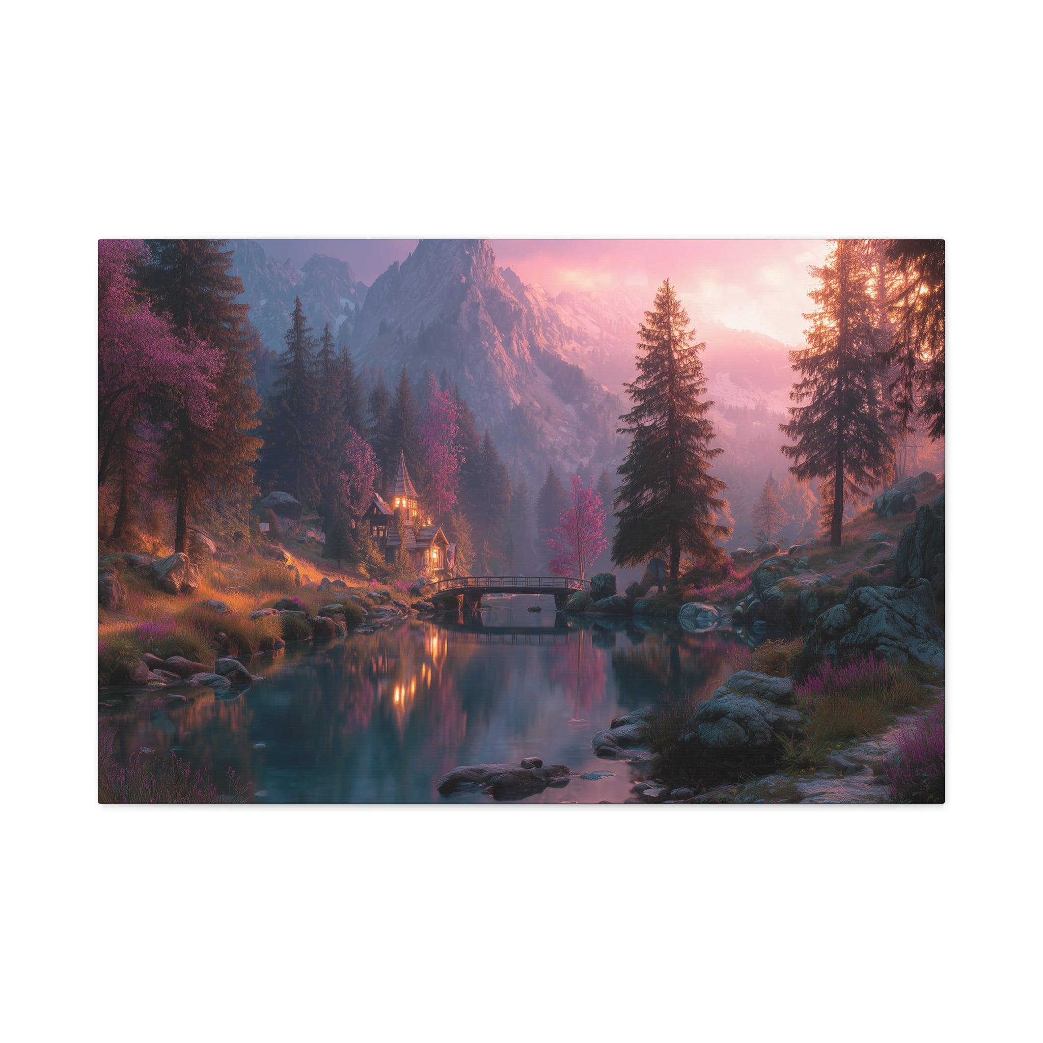 Sunset Forest Lake Matte Canvas Wall Art Stretched 1.25"