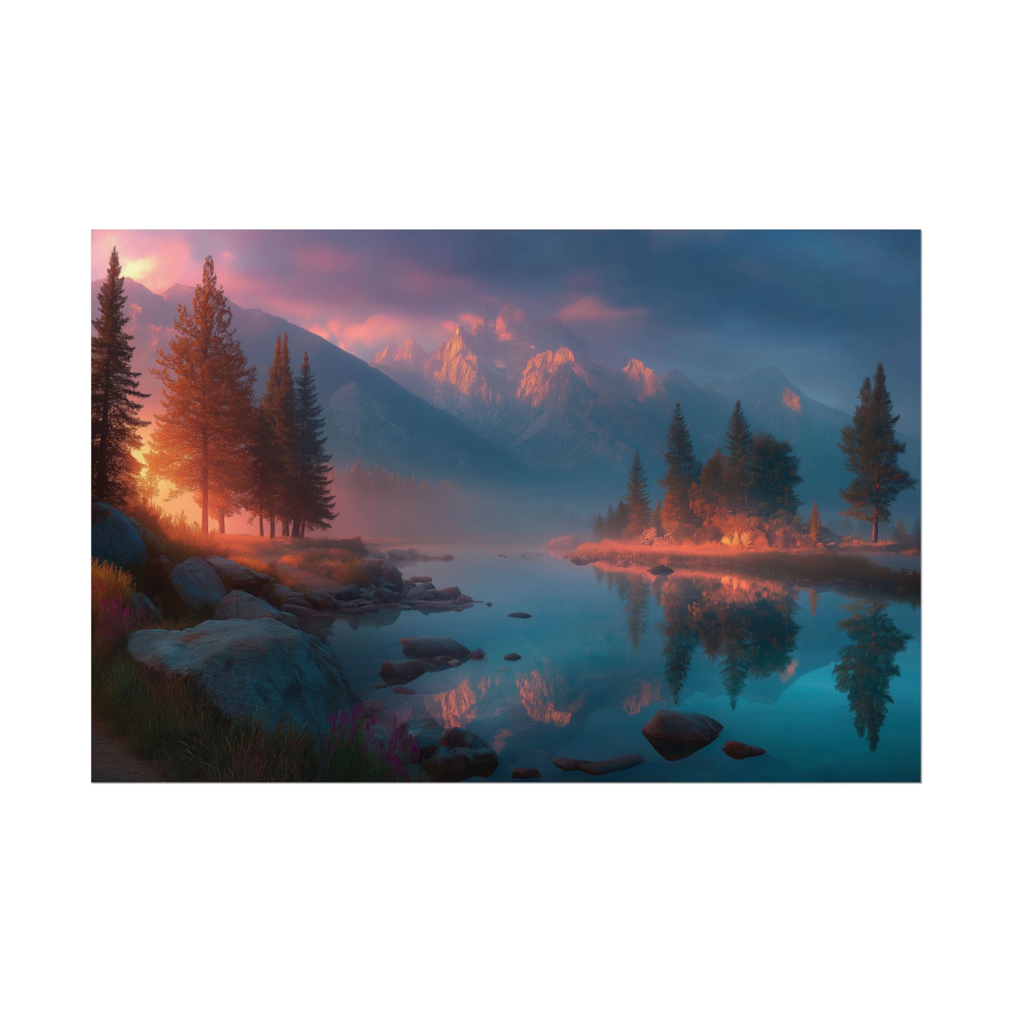 Serene Mountain Lake Sunset Landscape Wall Art
