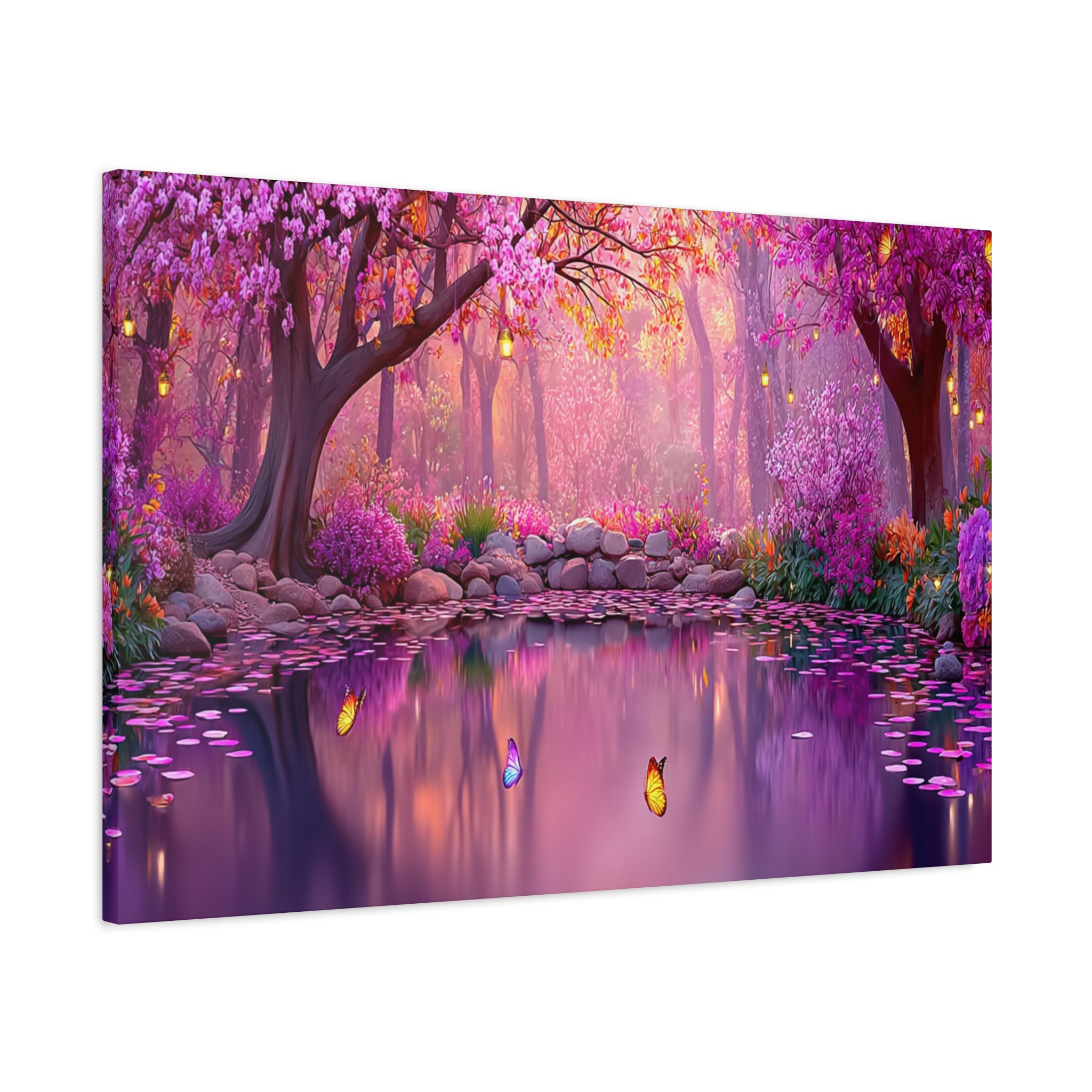 Magical Pink Forest Canvas Wall Art Tranquil Butterfly Pond Matte Stretched Print