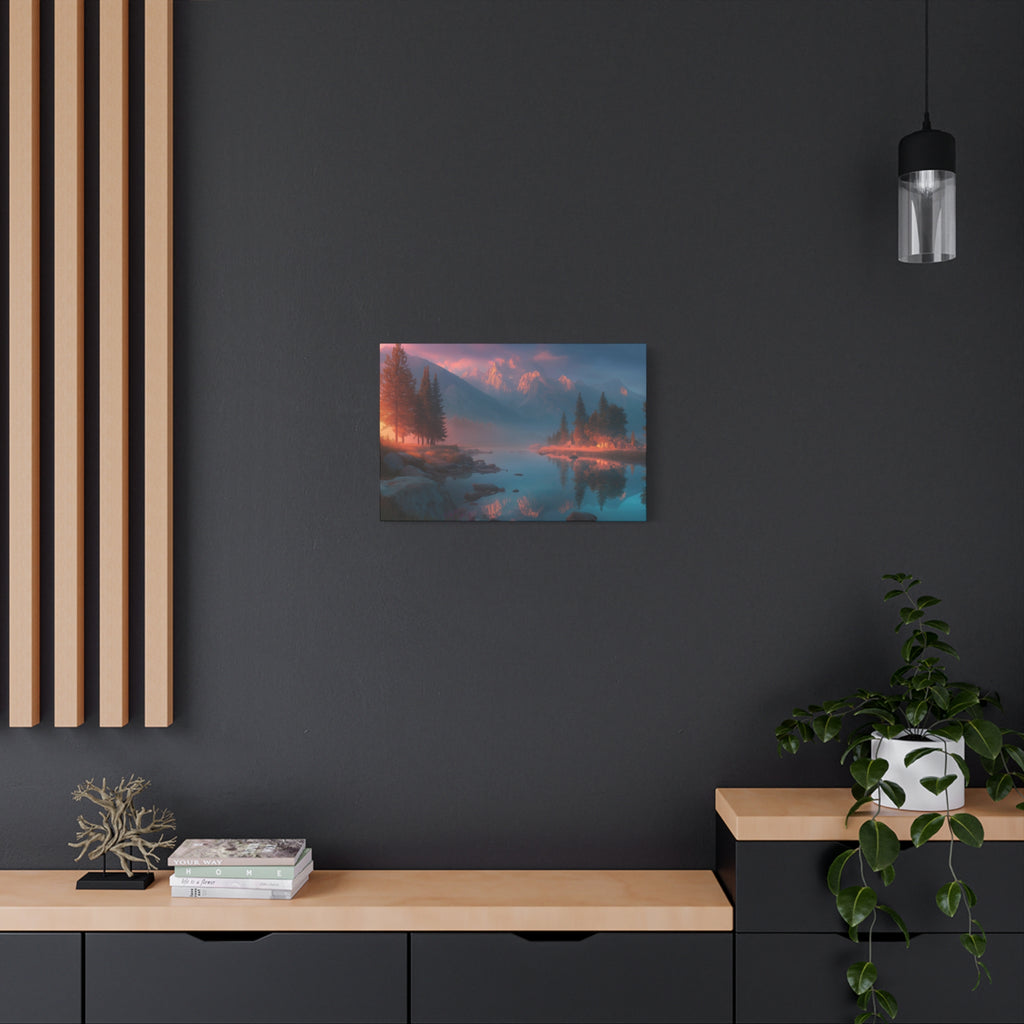 Sunset Mountain Lake Matte Canvas Wall Art - Serene Forest Reflection Print
