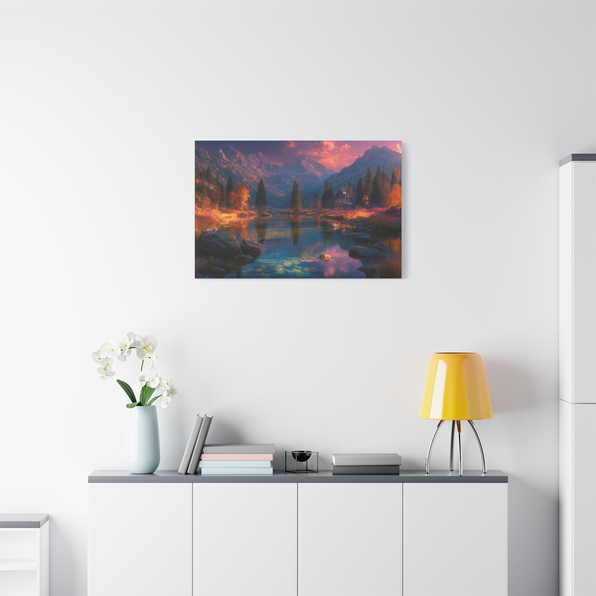 Scenic Mountain Lake Matte Canvas Print Tranquil Sunset Landscape Wall Art