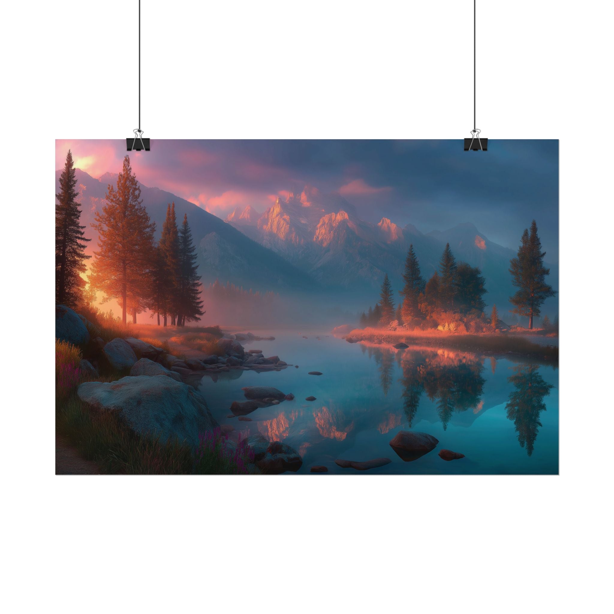 Serene Mountain Lake Sunset Landscape Wall Art