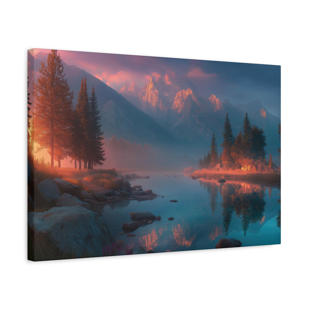 Sunset Mountain Lake Matte Canvas Wall Art - Serene Forest Reflection Print