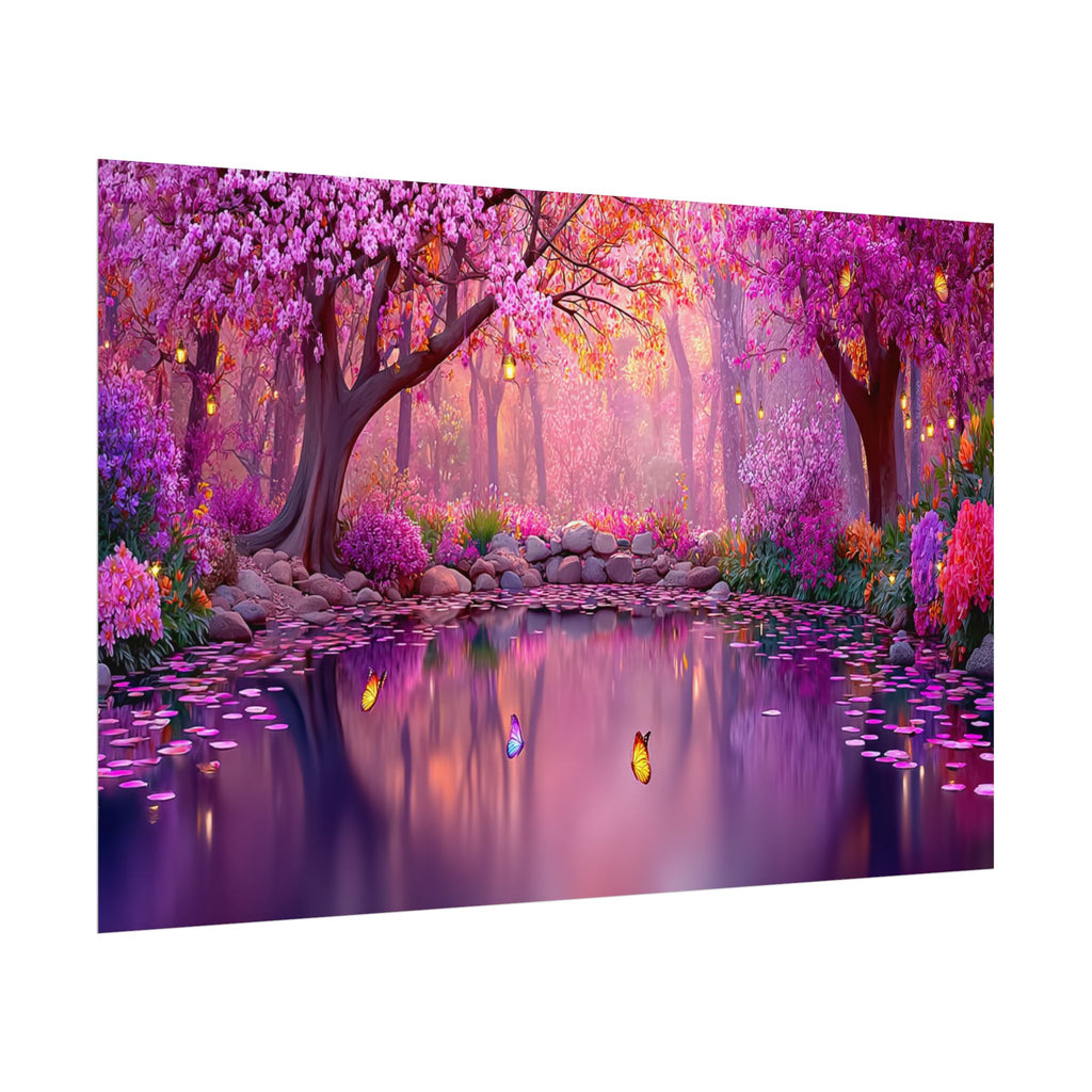 Fantasy Pink Forest Poster  Serene Lake with Cherry Blossoms Art Print