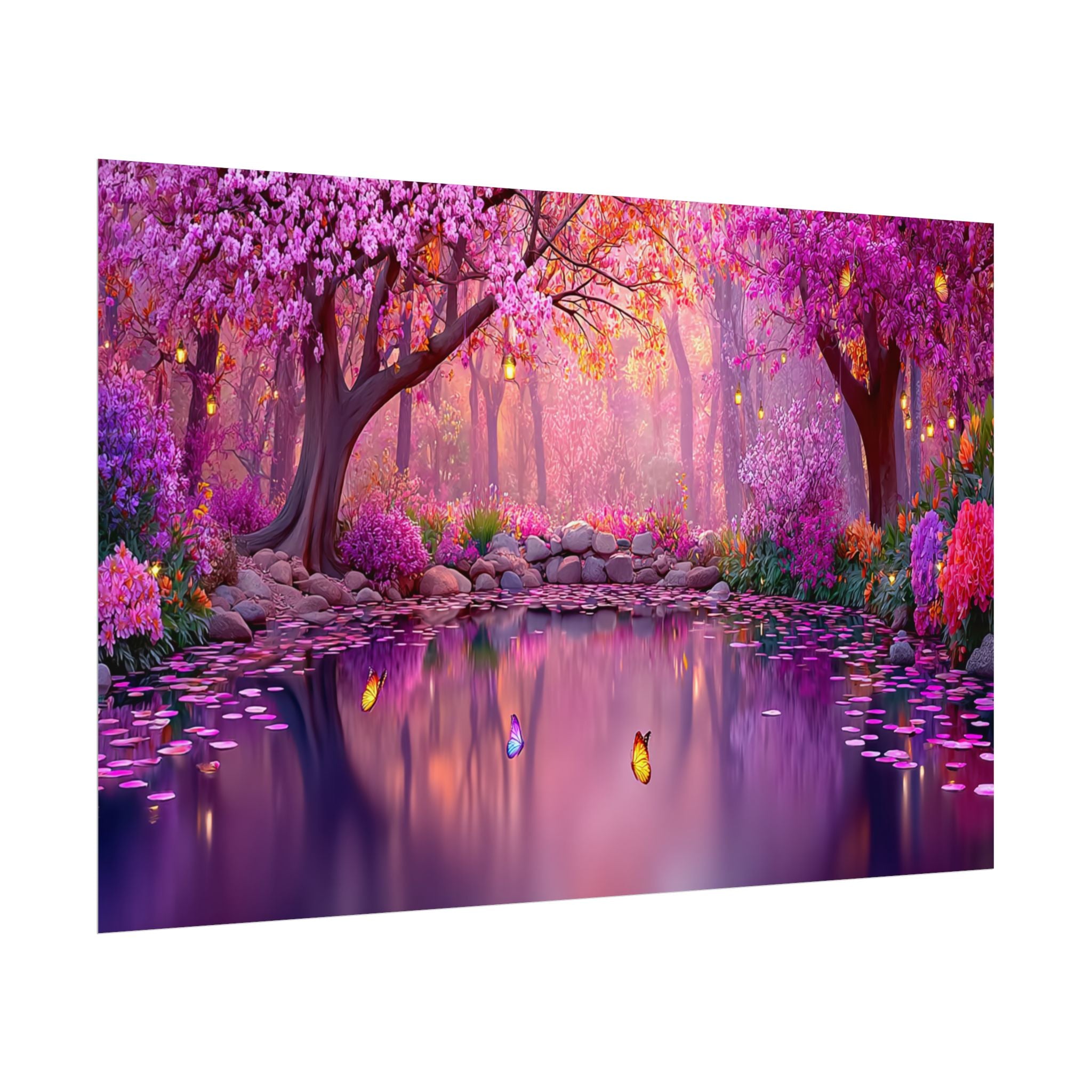 Fantasy Pink Forest Poster  Serene Lake with Cherry Blossoms Art Print
