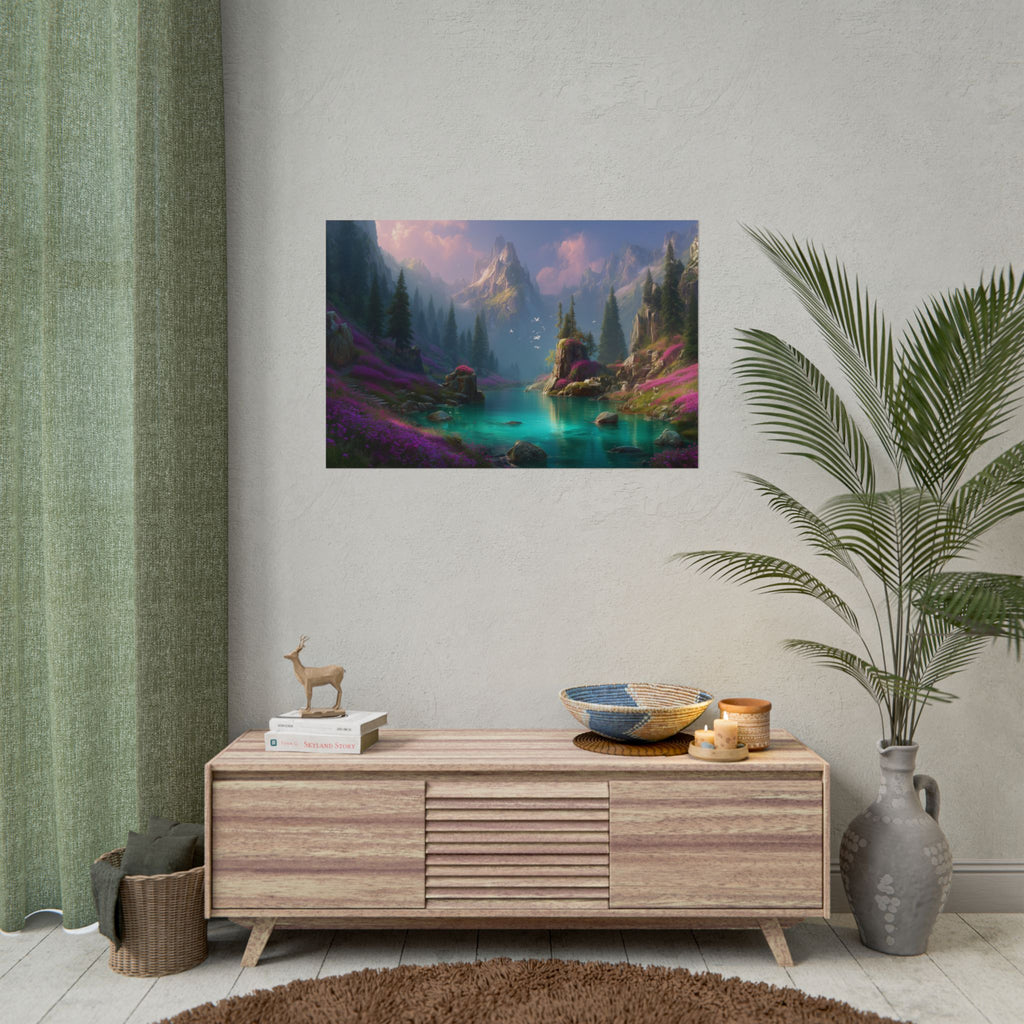 Serene Fantasy Mountain Lake Landscape Art Print