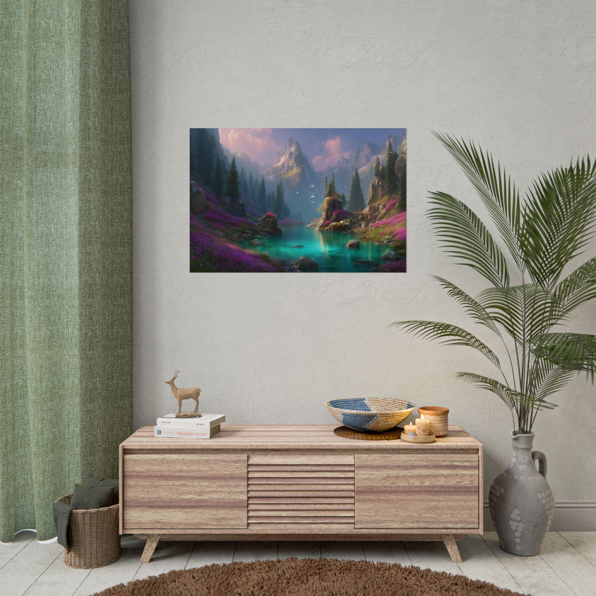 Serene Fantasy Mountain Lake Landscape Art Print