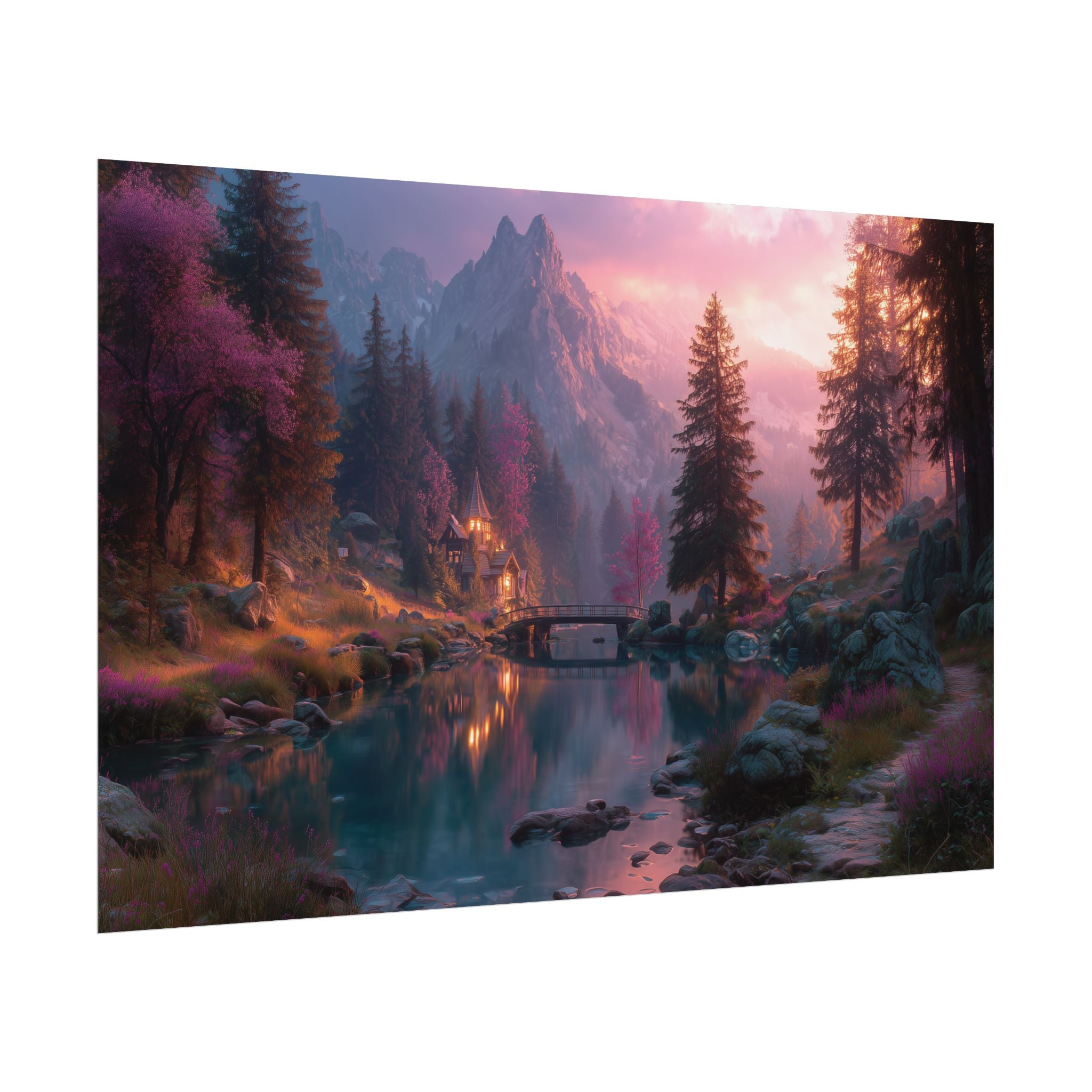 Landscape Serene Mountain Lake at Sunset Wall Art