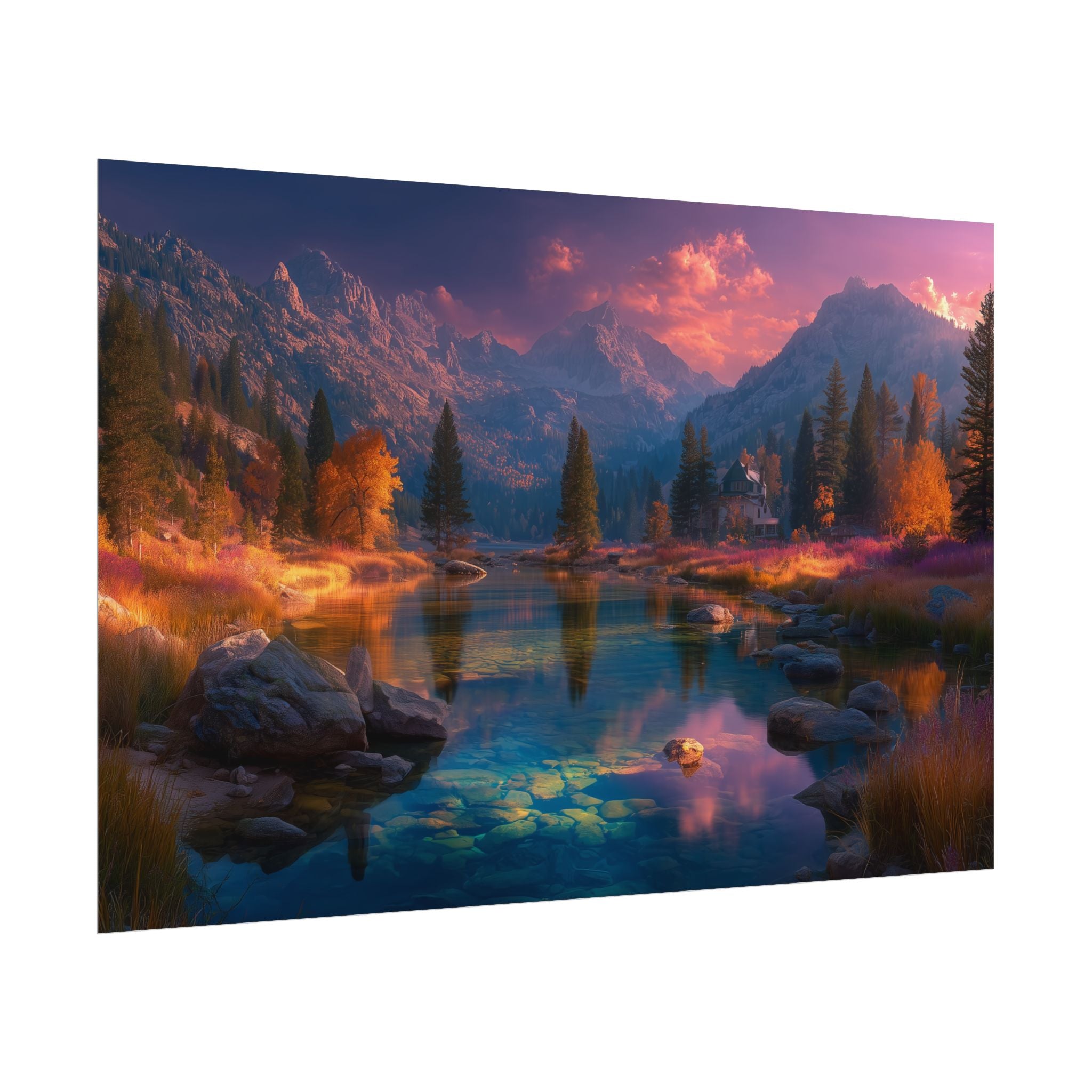 Mountain Lake Sunset  Serene Autumn Landscape Rolled Print