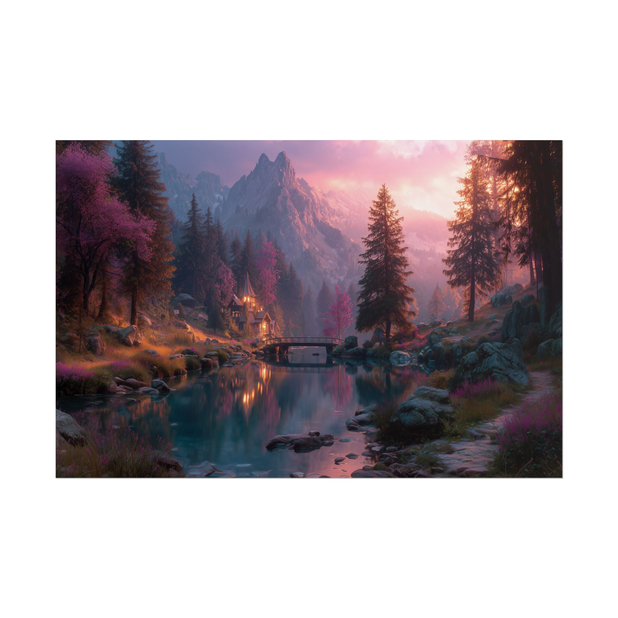 Landscape Serene Mountain Lake at Sunset Wall Art