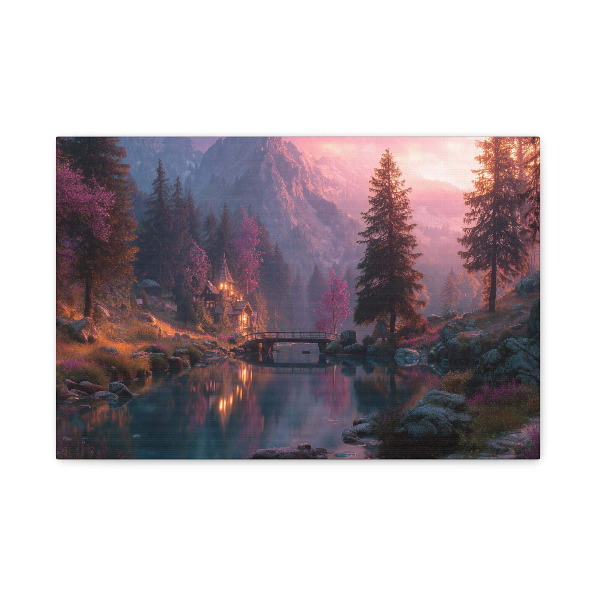 Sunset Forest Lake Matte Canvas Wall Art Stretched 1.25"