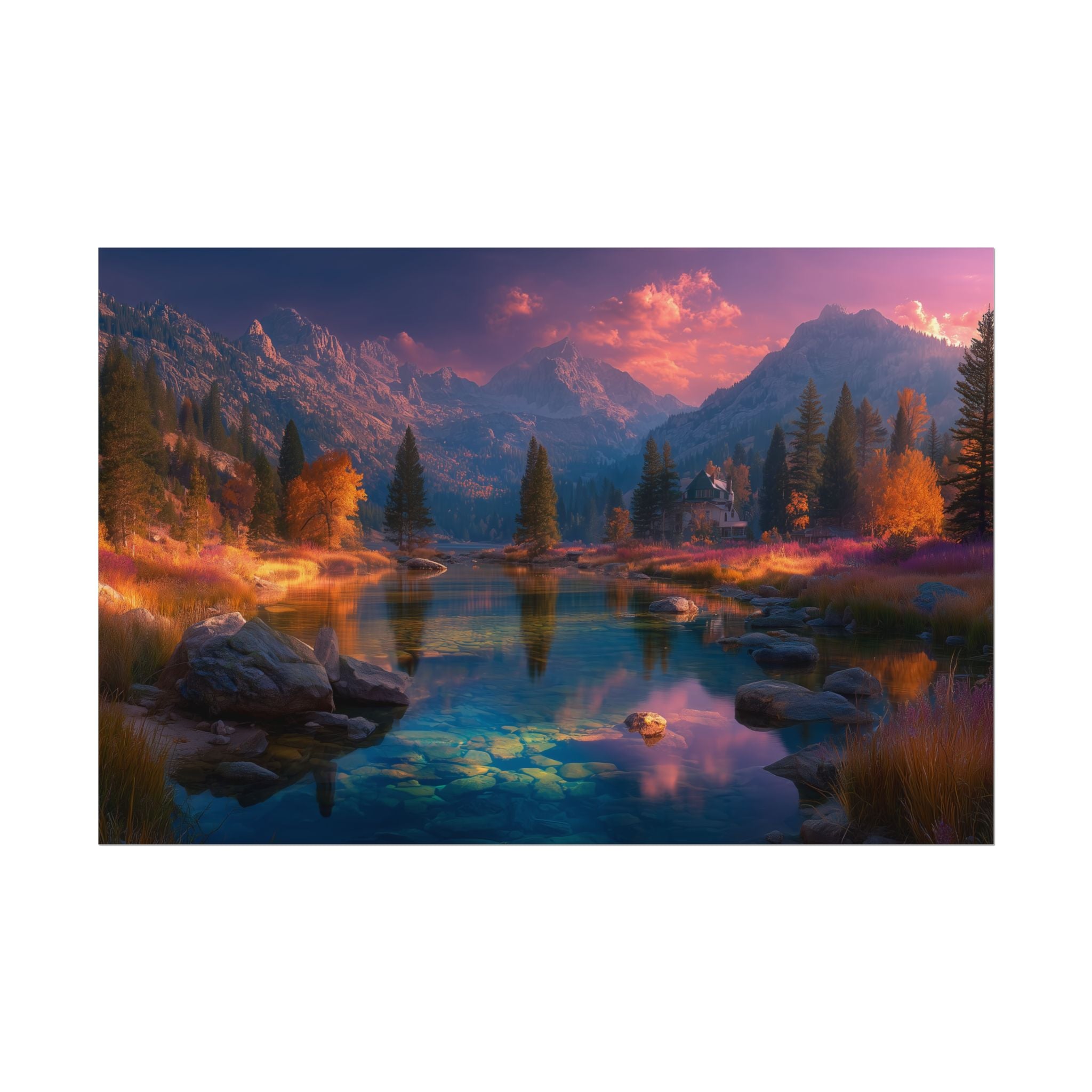 Mountain Lake Sunset  Serene Autumn Landscape Rolled Print