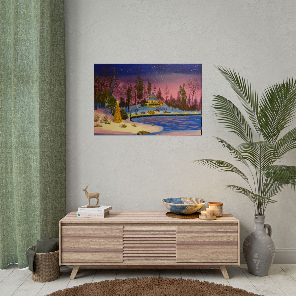 Christmas Winter Lake Landscape Snowy Evening Cabin Art Print