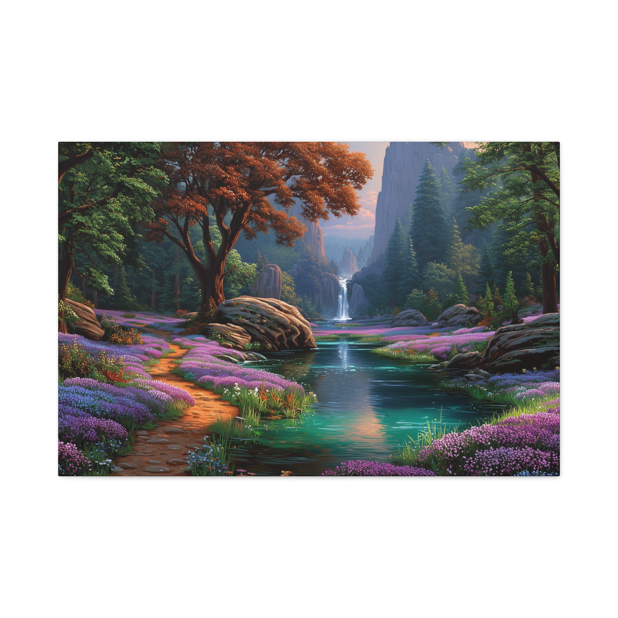 Enchanted Forest Waterfall Matte Canvas Print Stretched Wall Art
