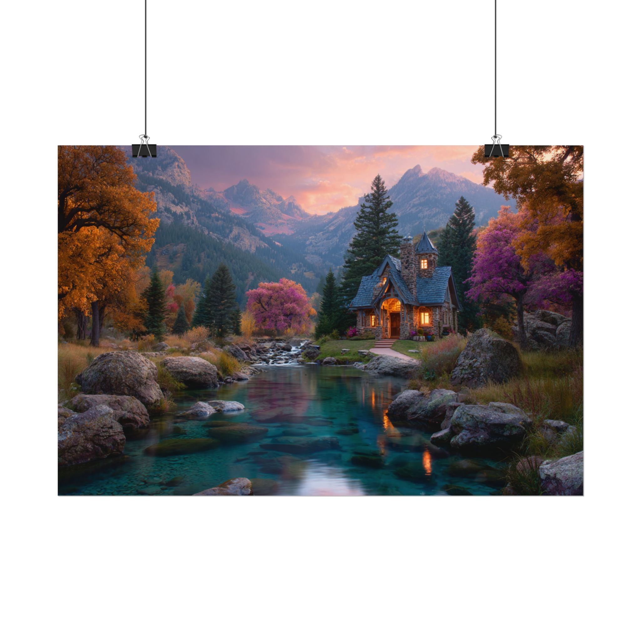 Scenic Mountain Cabin  Tranquil River Landscape Wall Art