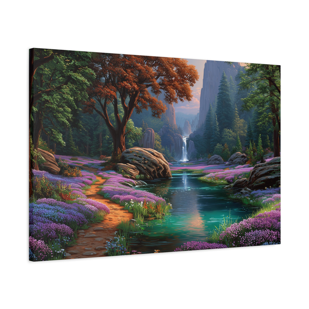 Enchanted Forest Waterfall Matte Canvas Print Stretched Wall Art