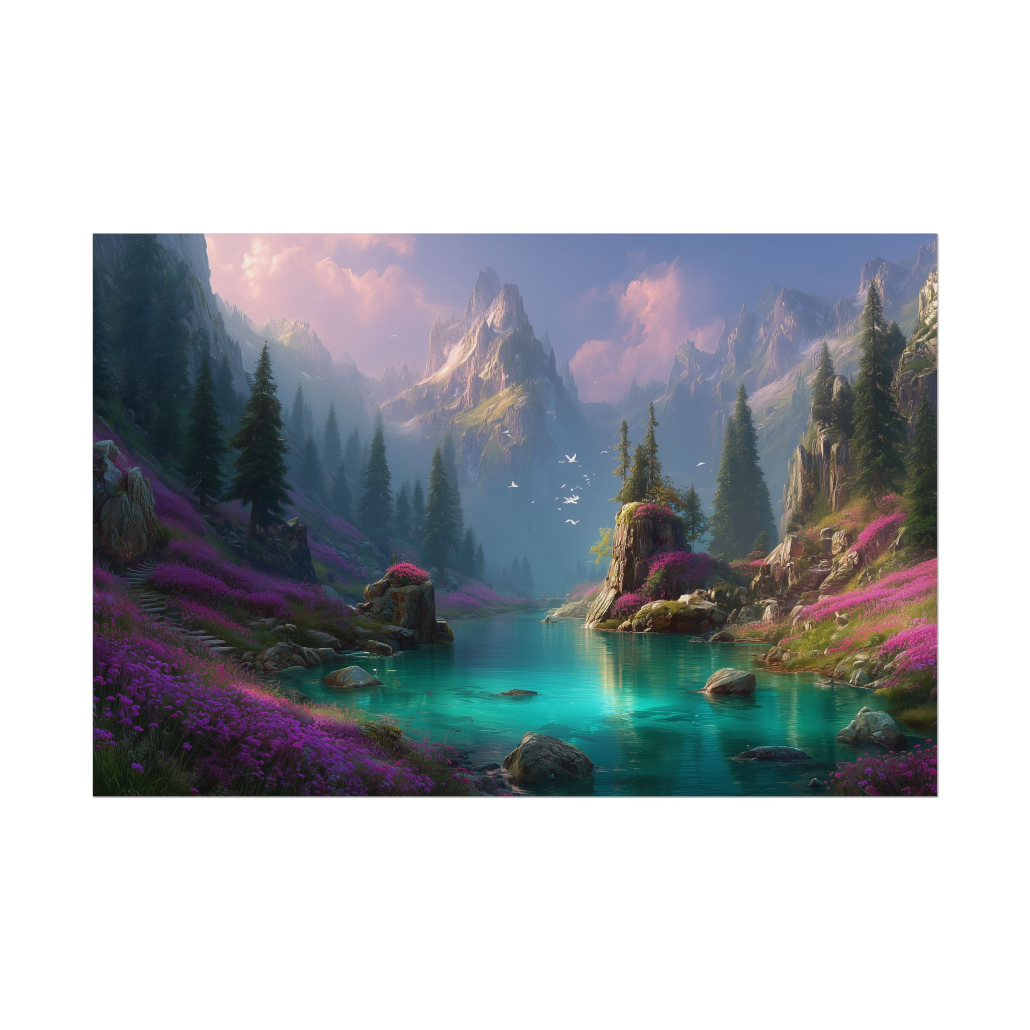 Serene Fantasy Mountain Lake Landscape Art Print