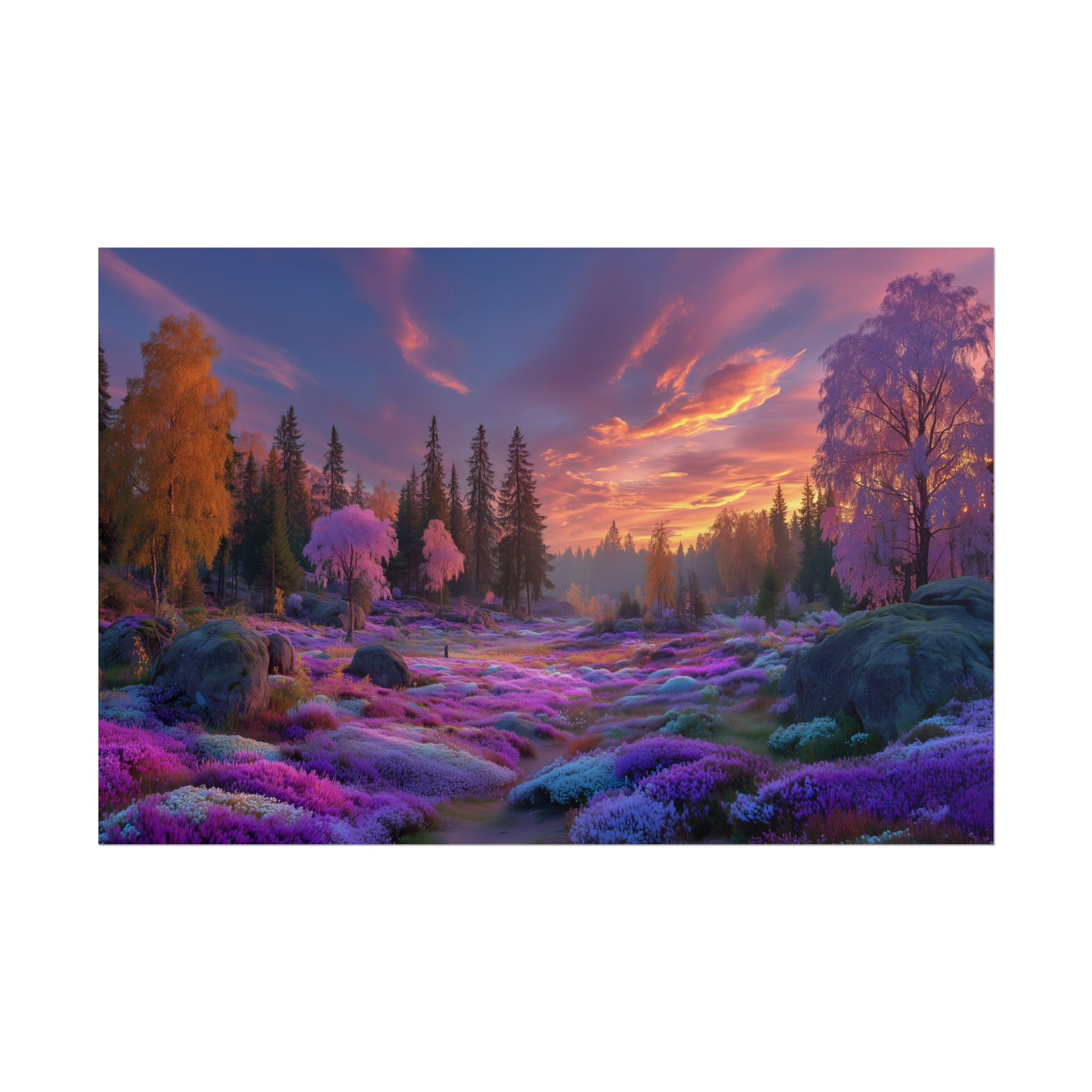 Dreamy Purple Sunset Forest Landscape Wall Art