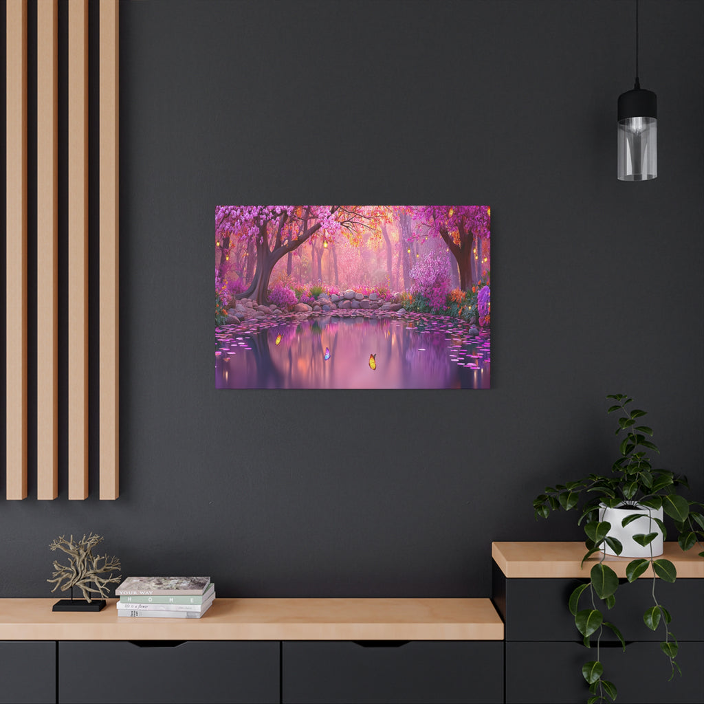 Magical Pink Forest Canvas Wall Art Tranquil Butterfly Pond Matte Stretched Print