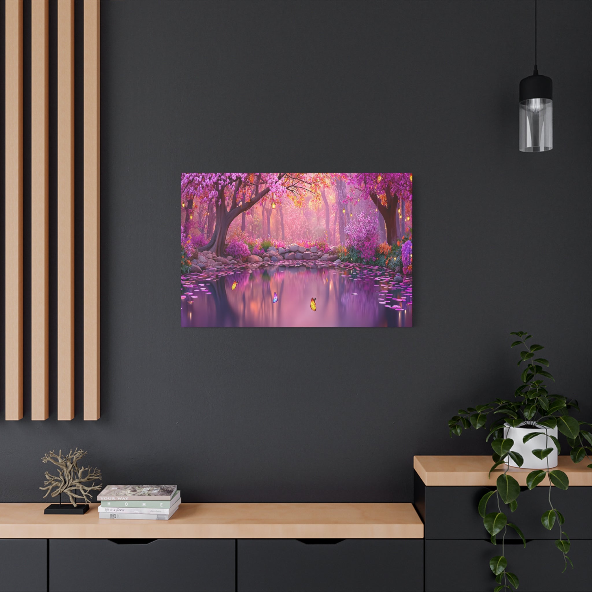 Magical Pink Forest Canvas Wall Art Tranquil Butterfly Pond Matte Stretched Print