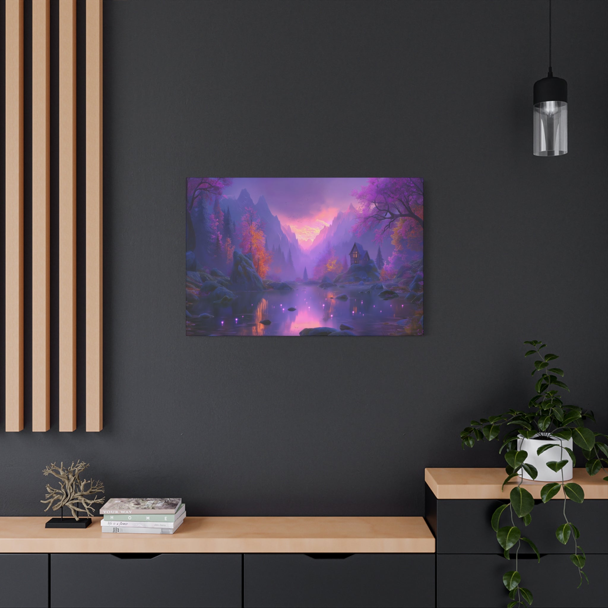 Mystical Purple Lake Landscape Canvas Fantasy Sunset Cottage Wall Art