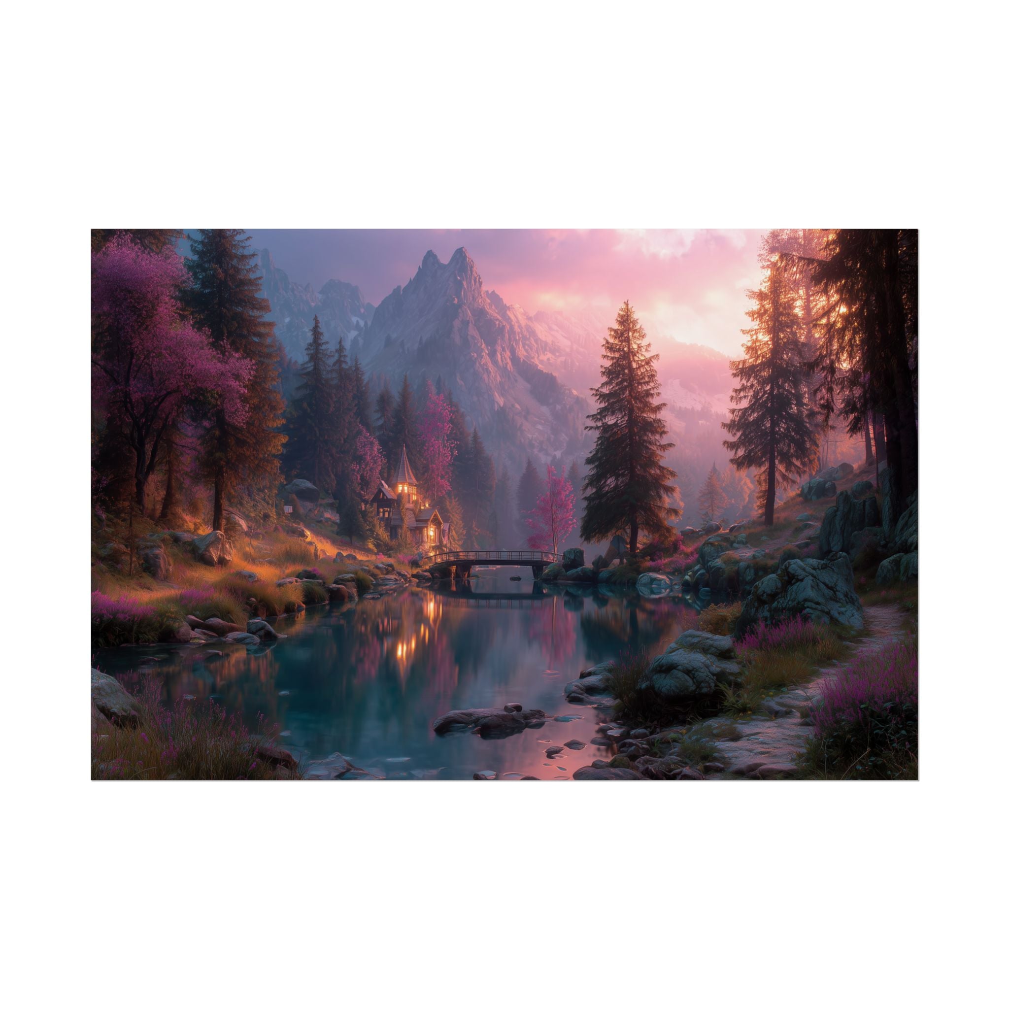 Landscape Serene Mountain Lake at Sunset Wall Art