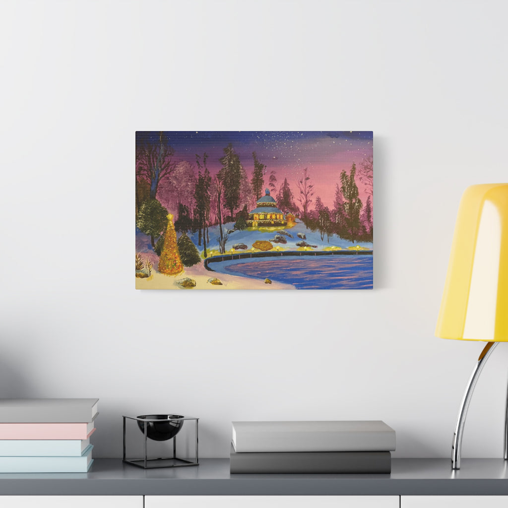 Christmas Night Lakeside Canvas Art Snowy Gazebo & Twinkling Sky Matte Stretched Wall Decor