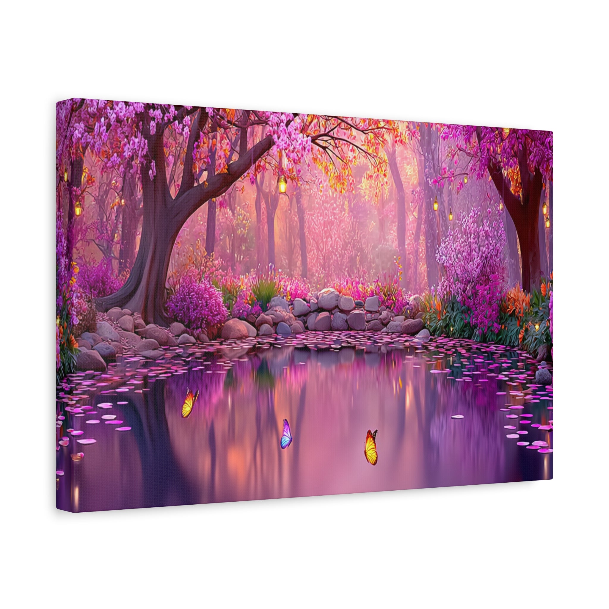 Magical Pink Forest Canvas Wall Art Tranquil Butterfly Pond Matte Stretched Print