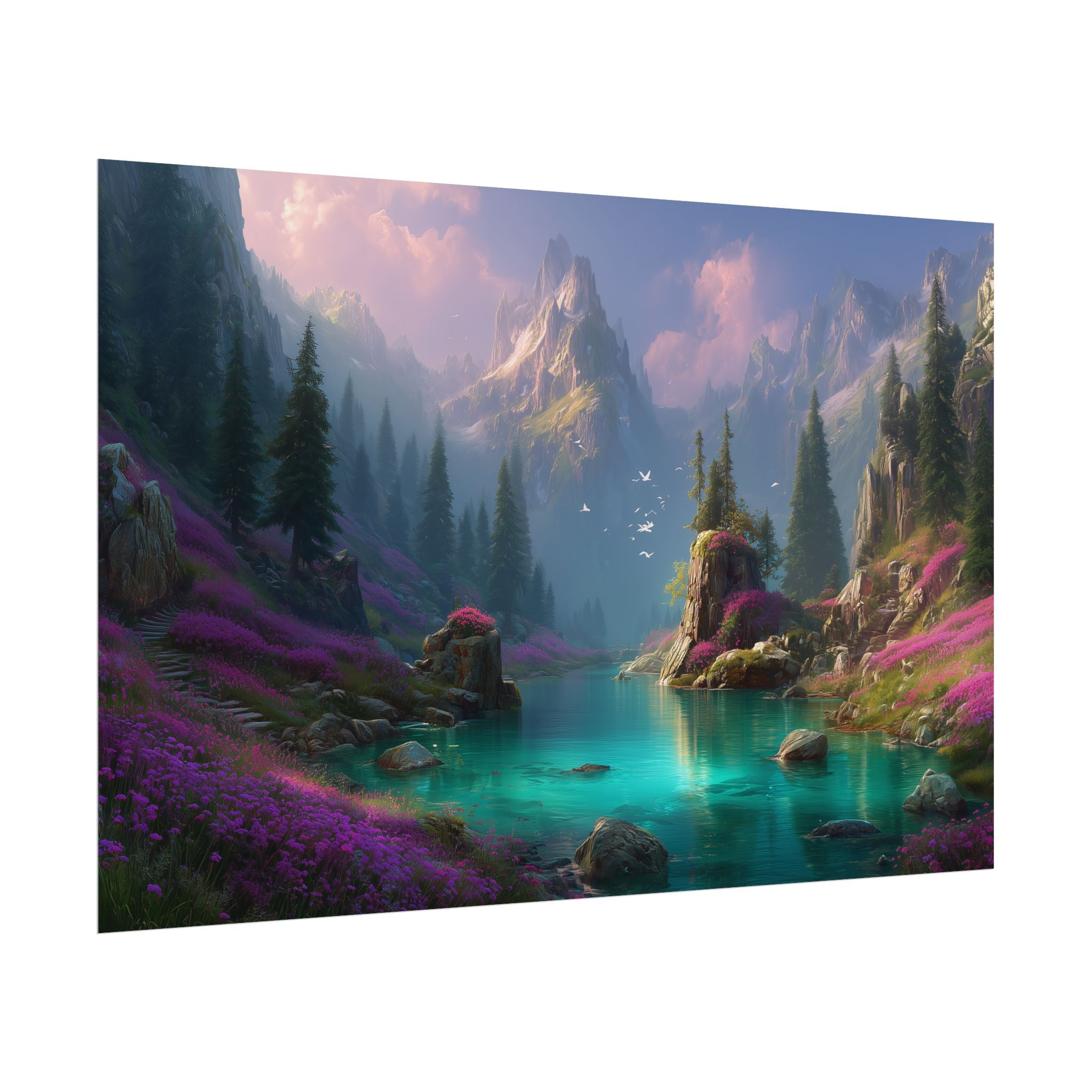 Serene Fantasy Mountain Lake Landscape Art Print
