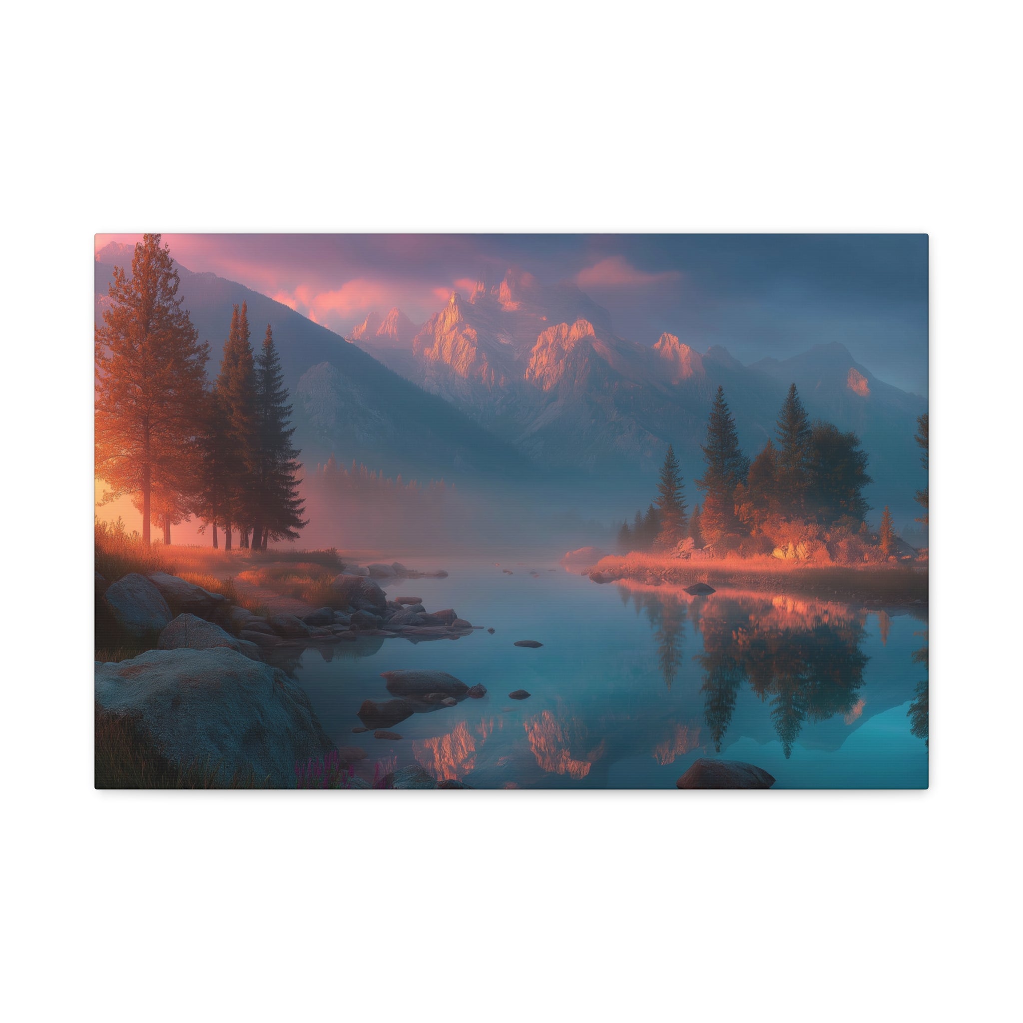 Sunset Mountain Lake Matte Canvas Wall Art - Serene Forest Reflection Print