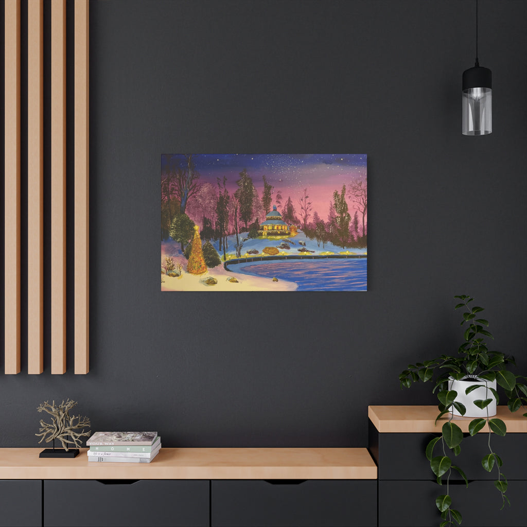 Christmas Night Lakeside Canvas Art Snowy Gazebo & Twinkling Sky Matte Stretched Wall Decor
