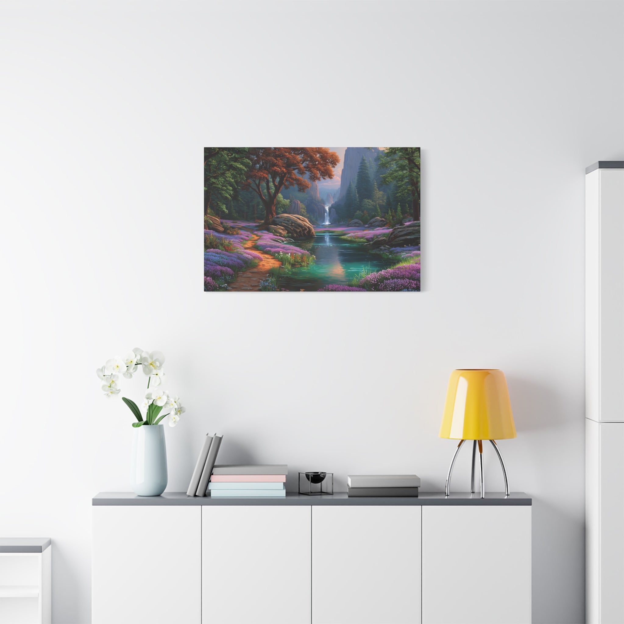 Enchanted Forest Waterfall Matte Canvas Print Stretched Wall Art