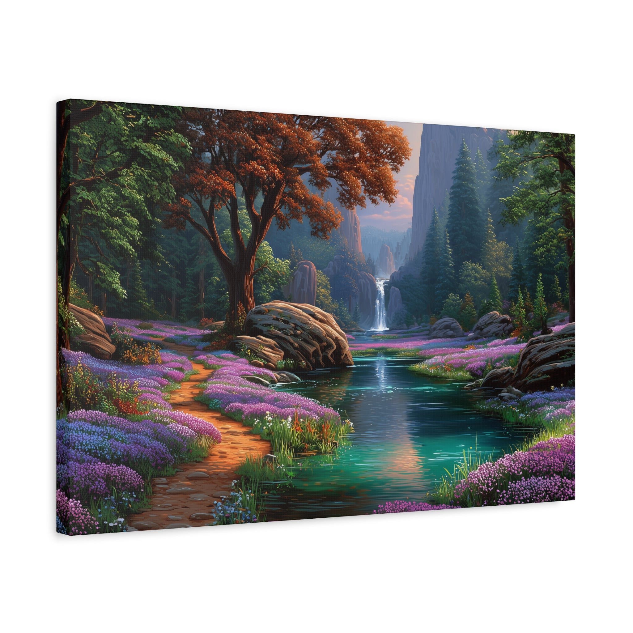 Enchanted Forest Waterfall Matte Canvas Print Stretched Wall Art