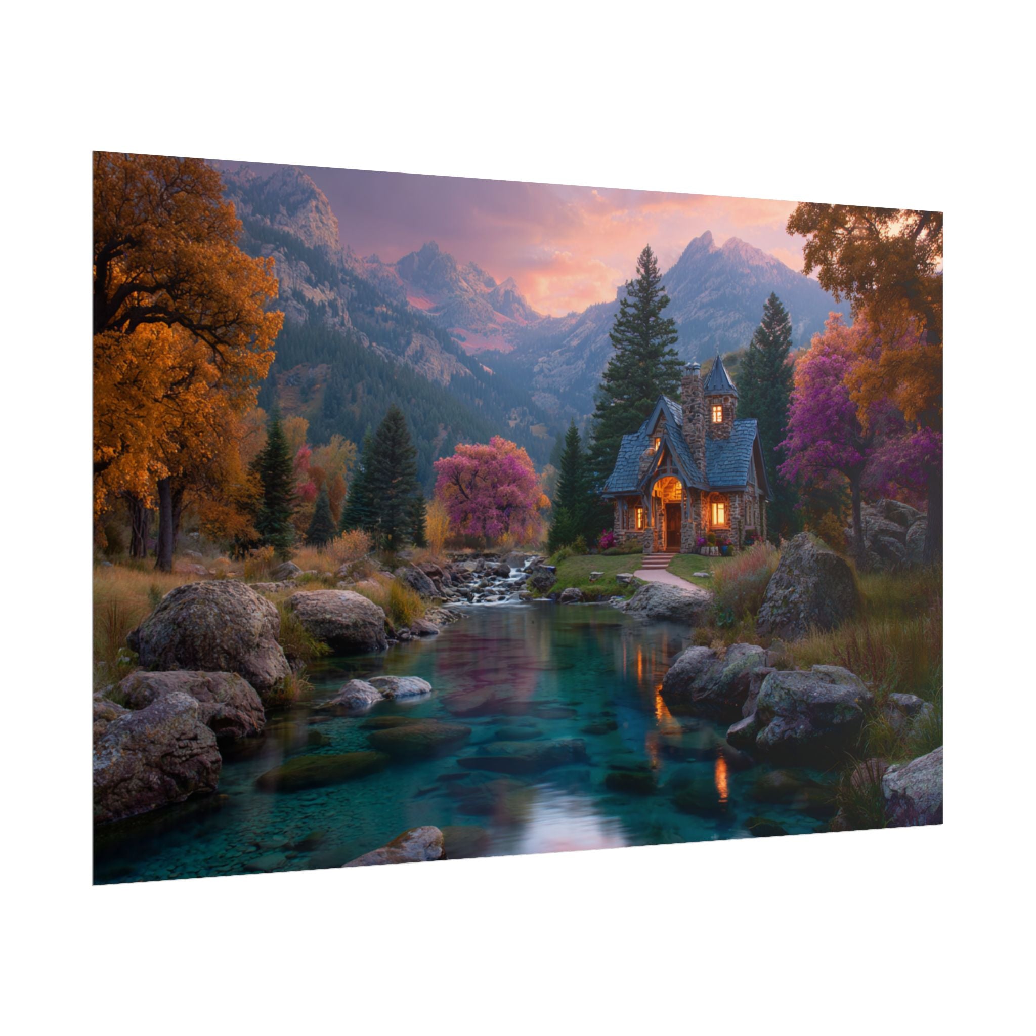 Scenic Mountain Cabin  Tranquil River Landscape Wall Art