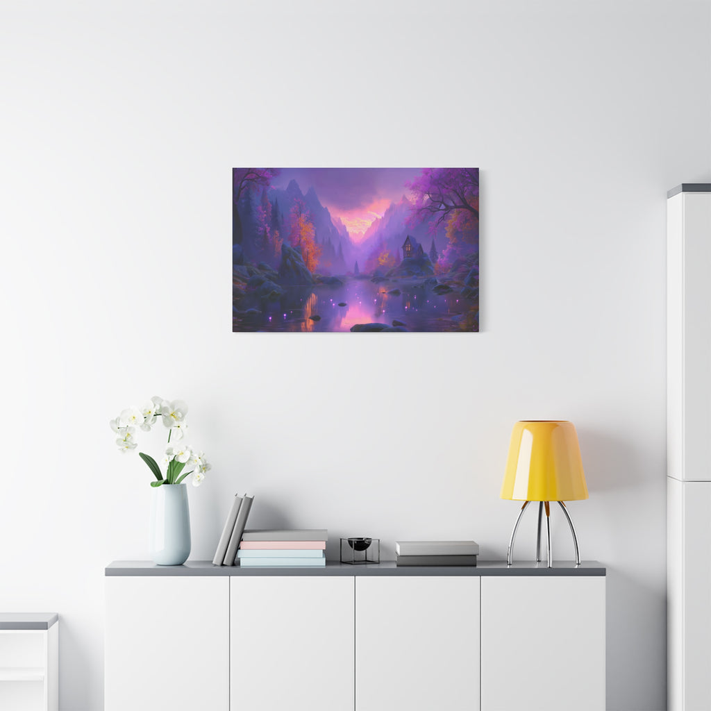 Mystical Purple Lake Landscape Canvas Fantasy Sunset Cottage Wall Art