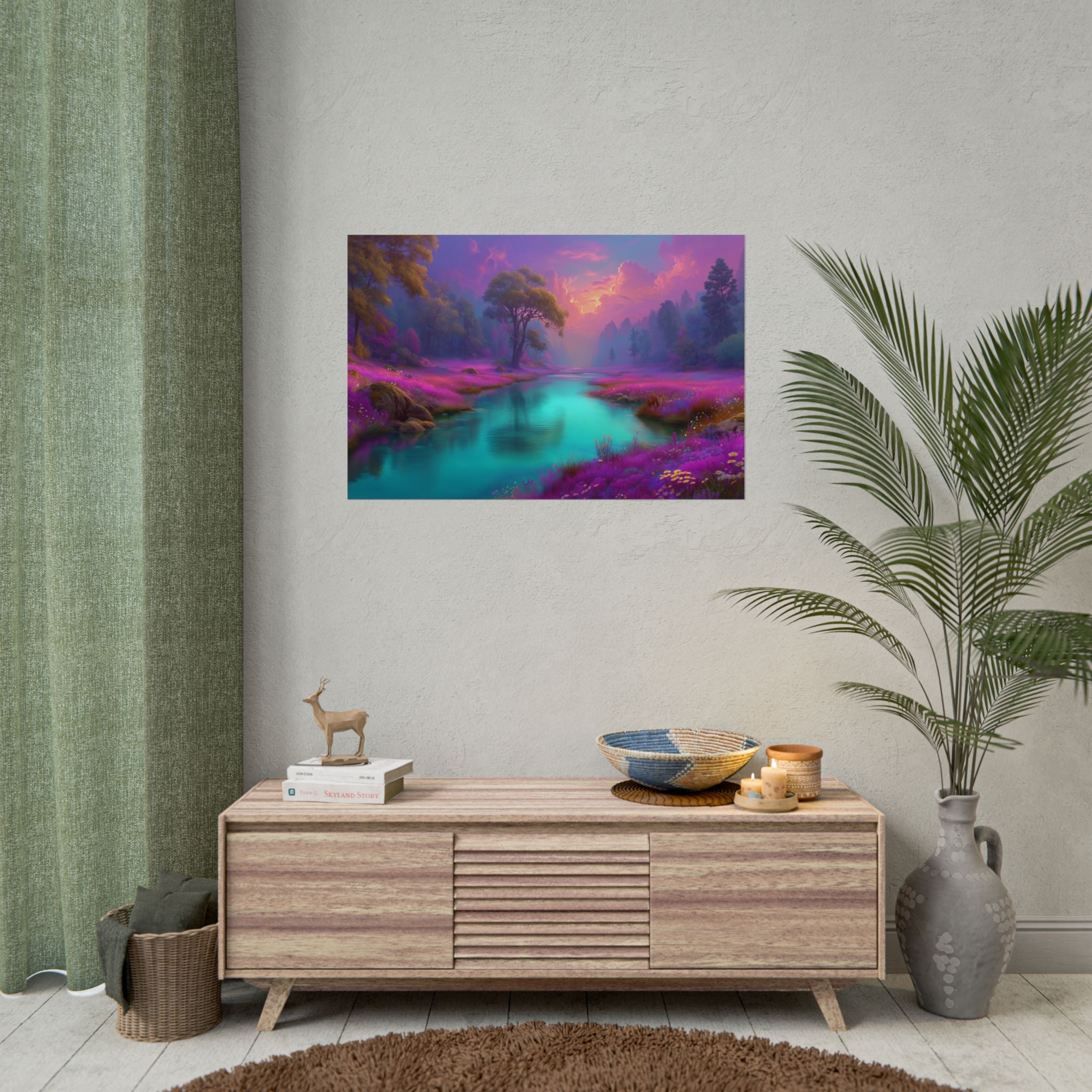 Fantasy Landscape Vibrant Purple River Sunset Wall Art